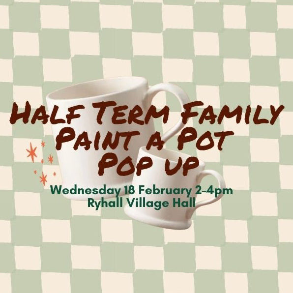 Promotional poster for a half term family paint a pot event with a white mug on a checkered background.